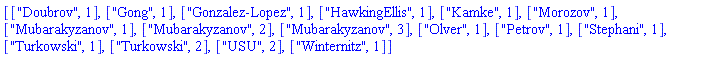 [["Doubrov", 1], ["Gong", 1], ["Gonzalez-Lopez", 1], ["HawkingEllis", 1], ["Kamke", 1], ["Morozov", 1], ["Mubarakyzanov", 1], ["Mubarakyzanov", 2], ["Mubarakyzanov", 3], ["Olver", 1], ["Petrov", 1], ["Stephani", 1], ["Turkowski", 1], ["Turkowski", 2], ["USU", 2], ["Winternitz", 1]]