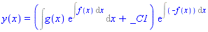 y(x) = (Int(g(x)*exp(Int(f(x), x)), x)+_C1)*exp(Int(-f(x), x))