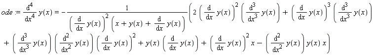ode := diff(y(x), x, x, x, x) = -(2*(diff(y(x), x))^2*(diff(y(x), x, x, x))+(diff(y(x), x))^3*(diff(y(x), x, x, x))+(diff(y(x), x, x, x))*(diff(y(x), x, x))*(diff(y(x), x))^2+y(x)*(diff(y(x), x))+(diff(y(x), x))^2*x-(diff(y(x), x, x))*y(x)*x)/((diff(y(x), x))^2*(x+y(x)+diff(y(x), x)))