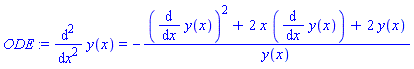 ODE := diff(y(x), `$`(x, 2)) = -((diff(y(x), x))^2+2*x*(diff(y(x), x))+2*y(x))/y(x)