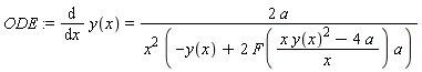 ODE := diff(y(x), x) = 2*a/(x^2*(-y(x)+2*F((x*y(x)^2-4*a)/x)*a))