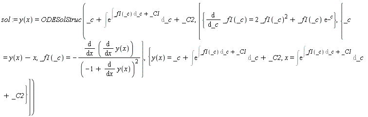 sol := y(x) = ODESolStruc(_c+Int(exp(Int(_f1(_c), _c)+_C1), _c)+_C2, [{diff(_f1(_c), _c) = 2*_f1(_c)^2+_f1(_c)*exp(_c)}, {_c = y(x)-x, _f1(_c) = -(diff(diff(y(x), x), x))/(-1+diff(y(x), x))^2}, {x = Int(exp(Int(_f1(_c), _c)+_C1), _c)+_C2, y(x) = _c+Int(exp(Int(_f1(_c), _c)+_C1), _c)+_C2}])