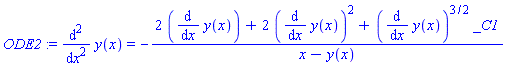 ODE2 := diff(y(x), `$`(x, 2)) = -(2*(diff(y(x), x))+2*(diff(y(x), x))^2+(diff(y(x), x))^(3/2)*_C1)/(x-y(x))