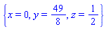 {x = 0, y = 49/8, z = 1/2}