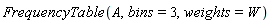 FrequencyTable(A, bins = 3, weights = W)