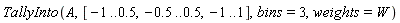 TallyInto(A, [-1 .. .5, -.5 .. .5, -1 .. 1], bins = 3, weights = W)