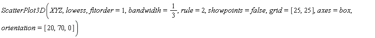 ScatterPlot3D(XYZ, lowess, fitorder = 1, bandwidth = 1/3, rule = 2, showpoints = false, grid = [25, 25], axes = box, orientation = [20, 70, 0])