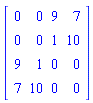 Matrix([[0, 0, 9, 7], [0, 0, 1, 10], [9, 1, 0, 0], [7, 10, 0, 0]])