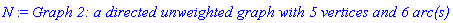 N := `Graph 2: a directed unweighted graph with 5 vertices and 6 arc(s)`