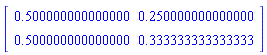 Matrix([[.500000000000000, .250000000000000], [.500000000000000, .333333333333333]])