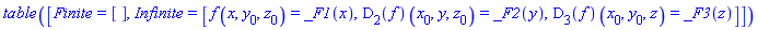 TABLE([Finite = [], Infinite = [f(x, y[0], z[0]) = _F1(x), (D[2](f))(x[0], y, z[0]) = _F2(y), (D[3](f))(x[0], y[0], z) = _F3(z)]])