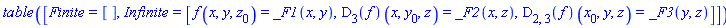 TABLE([Finite = [], Infinite = [f(x, y, z[0]) = _F1(x, y), (D[3](f))(x, y[0], z) = _F2(x, z), (D[2, 3](f))(x[0], y, z) = _F3(y, z)]])
