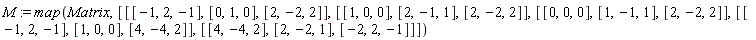 M := map(Matrix, [[[-1, 2, -1], [0, 1, 0], [2, -2, 2]], [[1, 0, 0], [2, -1, 1], [2, -2, 2]], [[0, 0, 0], [1, -1, 1], [2, -2, 2]], [[-1, 2, -1], [1, 0, 0], [4, -4, 2]], [[4, -4, 2], [2, -2, 1], [-2, 2, -1]]])