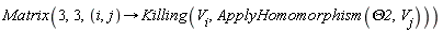 Matrix(3, 3, proc (i, j) options operator, arrow; Killing(V[i], ApplyHomomorphism(Theta2, V[j])) end proc)