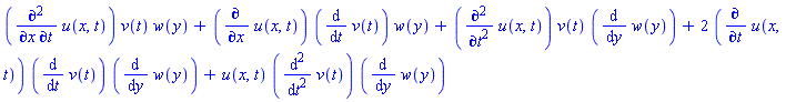 (diff(u(x, t), t, x))*v(t)*w(y)+(diff(u(x, t), x))*(diff(v(t), t))*w(y)+(diff(u(x, t), `$`(t, 2)))*v(t)*(diff(w(y), y))+2*(diff(u(x, t), t))*(diff(v(t), t))*(diff(w(y), y))+u(x, t)*(diff(v(t), `$`(t, 2)))*(diff(w(y), y))
