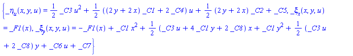 {_eta[u](x, y, u) = (1/2)*_C3*u^2+(1/2)*((2*y+2*x)*_C1+2*_C4)*u+(1/2)*(2*y+2*x)*_C2+_C5, _xi[x](x, y, u) = _F1(x), _xi[y](x, y, u) = -_F1(x)+_C1*x^2+(1/2)*(_C3*u+4*_C1*y+2*_C8)*x+_C1*y^2+(1/2)*(_C3*u+2*_C8)*y+_C6*u+_C7}