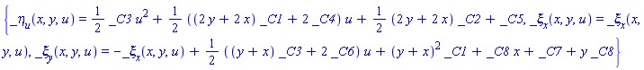 {_eta[u](x, y, u) = (1/2)*_C3*u^2+(1/2)*((2*y+2*x)*_C1+2*_C4)*u+(1/2)*(2*y+2*x)*_C2+_C5, _xi[x](x, y, u) = _xi[x](x, y, u), _xi[y](x, y, u) = -_xi[x](x, y, u)+(1/2)*((y+x)*_C3+2*_C6)*u+(y+x)^2*_C1+_C8*x+_C7+y*_C8}