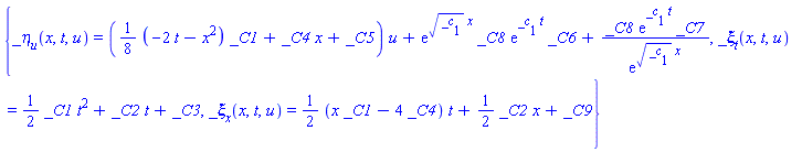 {_eta[u](x, t, u) = ((1/8)*(-2*t-x^2)*_C1+_C4*x+_C5)*u+exp(_c[1]^(1/2)*x)*_C8*exp(_c[1]*t)*_C6+_C8*exp(_c[1]*t)*_C7/exp(_c[1]^(1/2)*x), _xi[t](x, t, u) = (1/2)*_C1*t^2+_C2*t+_C3, _xi[x](x, t, u) = (1/2)*(x*_C1-4*_C4)*t+(1/2)*_C2*x+_C9}