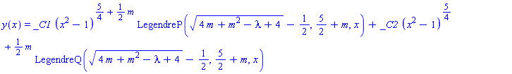 y(x) = _C1*(x^2-1)^(5/4+(1/2)*m)*LegendreP((4*m+m^2-lambda+4)^(1/2)-1/2, 5/2+m, x)+_C2*(x^2-1)^(5/4+(1/2)*m)*LegendreQ((4*m+m^2-lambda+4)^(1/2)-1/2, 5/2+m, x)