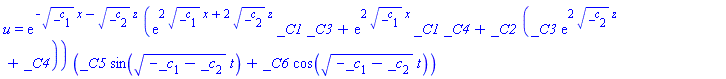 u = exp(-_c[1]^(1/2)*x-_c[2]^(1/2)*z)*(exp(2*_c[1]^(1/2)*x+2*_c[2]^(1/2)*z)*_C1*_C3+exp(2*_c[1]^(1/2)*x)*_C1*_C4+_C2*(_C3*exp(2*_c[2]^(1/2)*z)+_C4))*(_C5*sin((-_c[1]-_c[2])^(1/2)*t)+_C6*cos((-_c[1]-_c[2])^(1/2)*t))