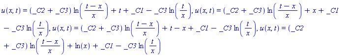 u(x, t) = (_C2+_C3)*ln((t-x)/x)+t+_C1-_C3*ln(t/x), u(x, t) = (_C2+_C3)*ln((t-x)/x)+x+_C1-_C3*ln(t/x), u(x, t) = (_C2+_C3)*ln((t-x)/x)+t-x+_C1-_C3*ln(t/x), u(x, t) = (_C2+_C3)*ln((t-x)/x)+ln(x)+_C1-_C3*ln(t/x)