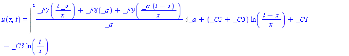 u(x, t) = Int((_F7(t*_a/x)+_F8(_a)+_F9(_a*(t-x)/x))/_a, _a = `` .. x)+(_C2+_C3)*ln((t-x)/x)+_C1-_C3*ln(t/x)