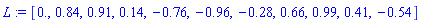 L := [0., .84, .91, .14, -.76, -.96, -.28, .66, .99, .41, -.54]