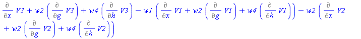 Diff(V3, x)+w2*(Diff(V3, g))+w4*(Diff(V3, h))-w1*(Diff(V1, x)+w2*(Diff(V1, g))+w4*(Diff(V1, h)))-w2*(Diff(V2, x)+w2*(Diff(V2, g))+w4*(Diff(V2, h)))