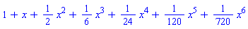 1+x+(1/2)*x^2+(1/6)*x^3+(1/24)*x^4+(1/120)*x^5+(1/720)*x^6