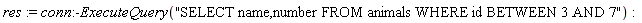 res := conn:-ExecuteQuery("SELECT name,number FROM animals WHERE id BETWEEN 3 AND 7")