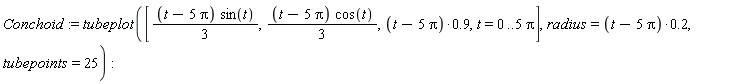 Conchoid := tubeplot([(1/3)*(t-5*Pi)*sin(t), (1/3)*(t-5*Pi)*cos(t), (t-5*Pi)*.9, t = 0 .. 5*Pi], radius = (t-5*Pi)*.2, tubepoints = 25)
