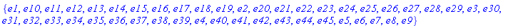 {e1, e10, e11, e12, e13, e14, e15, e16, e17, e18, e19, e2, e20, e21, e22, e23, e24, e25, e26, e27, e28, e29, e3, e30, e31, e32, e33, e34, e35, e36, e37, e38, e39, e4, e40, e41, e42, e43, e44, e45, e5, e6, e7, e8, e9}