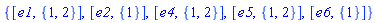 {[e1, {1, 2}], [e2, {1}], [e4, {1, 2}], [e5, {1, 2}], [e6, {1}]}