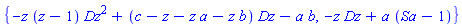 {-z*(z-1)*Dz^2+(c-z-z*a-z*b)*Dz-a*b, -z*Dz+a*(Sa-1)}
