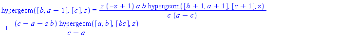 hypergeom([b, a-1], [c], z) = z*(-z+1)*a*b*hypergeom([b+1, a+1], [c+1], z)/(c*(a-c))+(c-a-z*b)*hypergeom([a, b], [bc], z)/(c-a)