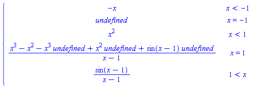 piecewise(x < -1, -x, x = -1, undefined, x < 1, x^2, x = 1, (x^3-x^2-x^3*undefined+x^2*undefined+sin(x-1)*undefined)/(x-1), 1 < x, sin(x-1)/(x-1))