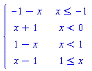 piecewise(x <= -1, -1-x, x < 0, x+1, x < 1, 1-x, 1 <= x, x-1)