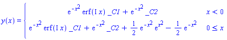 y(x) = piecewise(x < 0, exp(-x^2)*erf(I*x)*_C1+exp(-x^2)*_C2, 0 <= x, exp(-x^2)*erf(I*x)*_C1+exp(-x^2)*_C2+(1/2)*exp(-x^2)*exp(x^2)-(1/2)*exp(-x^2))