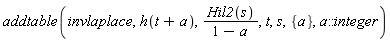 addtable(invlaplace, h(t+a), Hil2(s)/(1-a), t, s, {a}, a::integer)