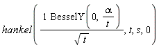hankel(BesselY(0, alpha/t)/sqrt(t), t, s, 0)