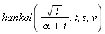 hankel(sqrt(t)/(alpha+t), t, s, v)