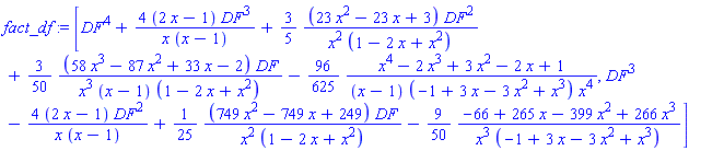 [DF^4+4*(2*x-1)*DF^3/(x*(x-1))+(3/5)*(23*x^2-23*x+3)*DF^2/(x^2*(1-2*x+x^2))+(3/50)*(58*x^3-87*x^2+33*x-2)*DF/(x^3*(x-1)*(1-2*x+x^2))-(96/625)*(x^4-2*x^3+3*x^2-2*x+1)/((x-1)*(-1+3*x-3*x^2+x^3)*x^4), DF^3-4*(2*x-1)*DF^2/(x*(x-1))+(1/25)*(749*x^2-749*x+249)*DF/(x^2*(1-2*x+x^2))-(9/50)*(-66+265*x-399*x^2+266*x^3)/(x^3*(-1+3*x-3*x^2+x^3))]