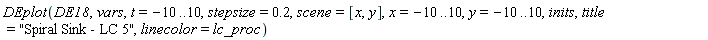 DEplot(DE18, vars, t = -10 .. 10, stepsize = .2, scene = [x, y], x = -10 .. 10, y = -10 .. 10, inits, title = "Spiral Sink - LC 5", linecolor = lc_proc)