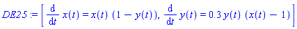 [diff(x(t), t) = x(t)*(1-y(t)), diff(y(t), t) = .3*y(t)*(x(t)-1)]