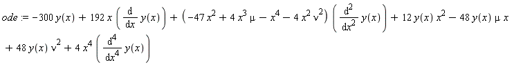 ode := -300*y(x)+192*x*(diff(y(x), x))+(-47*x^2+4*x^3*mu-x^4-4*x^2*nu^2)*(diff(y(x), x, x))+12*y(x)*x^2-48*y(x)*mu*x+48*y(x)*nu^2+4*x^4*(diff(y(x), x, x, x, x))