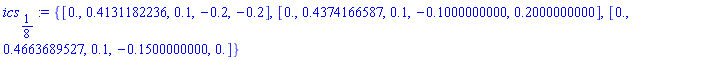 {[0., .4131182236, .1, -.2, -.2], [0., .4374166587, .1, -.1000000000, .2000000000], [0., .4663689527, .1, -.1500000000, 0.]}