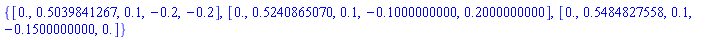 {[0., .5039841267, .1, -.2, -.2], [0., .5240865070, .1, -.1000000000, .2000000000], [0., .5484827558, .1, -.1500000000, 0.]}