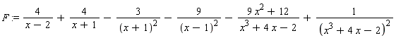 F := 4/(x-2)+4/(x+1)-3/(x+1)^2-9/(x-1)^2-(9*x^2+12)/(x^3+4*x-2)+1/(x^3+4*x-2)^2