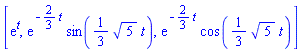 [exp(t), exp(-(2/3)*t)*sin((1/3)*5^(1/2)*t), exp(-(2/3)*t)*cos((1/3)*5^(1/2)*t)]