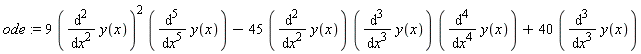 ode := 9*(diff(y(x), x, x))^2*(diff(y(x), x, x, x, x, x))-45*(diff(y(x), x, x))*(diff(y(x), x, x, x))*(diff(y(x), x, x, x, x))+40*(diff(y(x), x, x, x))